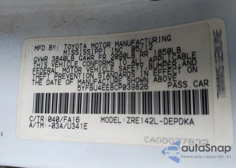 2012 Toyota Corolla L из США, поврежденный, VIN 5YFBU4EE8CP039826